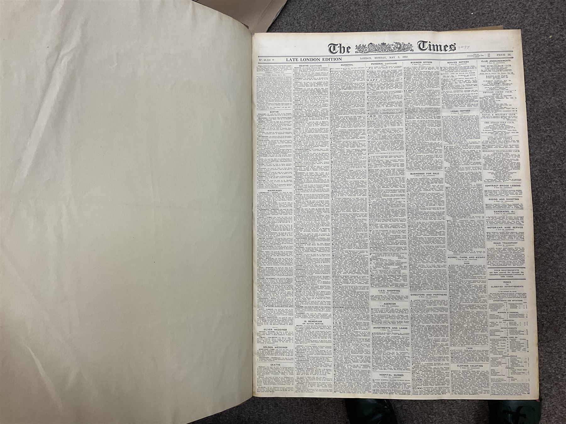 The Times Newspaper; an archive of The Times newspapers bound as five albums comprising, 1930 July & August, 1924, May & June, 1932 May & June, 1934 May & June, 1935 May & June