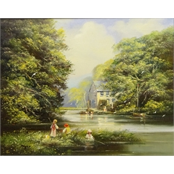  A Summers Day with Children Fishing, oil on canvas signed by Edward (Ted) Dyer (British 1940-) 40cm x 50cm  
