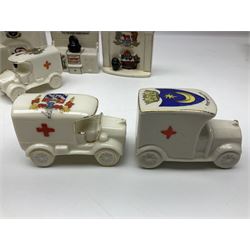 Ten WW1 crested china military models comprising seven field ambulances and three 'Home Fires Burning' fire-surrounds/range; various makers including Willow Art, Arcadian China, Grafton China, Savoy China, Carlton China etc; various crests including Devon, Aldershot, Portsmouth, West Ham, Coventry, Oxford, Hastings, Brighton etc (10)