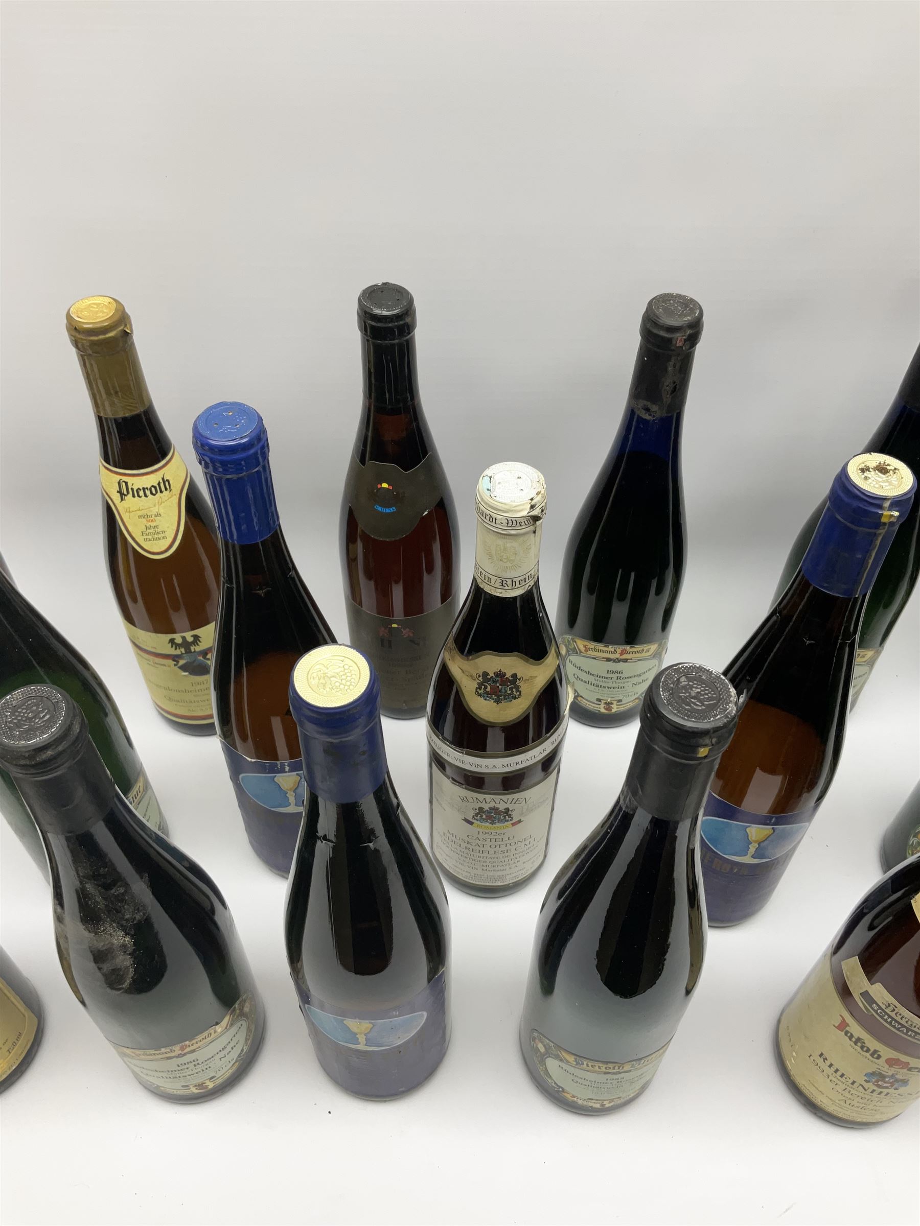 Mixed alcohol including Pieroth Blue 1988 Qualitatswein Nahe 750ml, 10%Vol, Ferdinand Pierroth 1986 Qualitatswein Nahe 70cls etc, various contents and proofs, 25 bottles