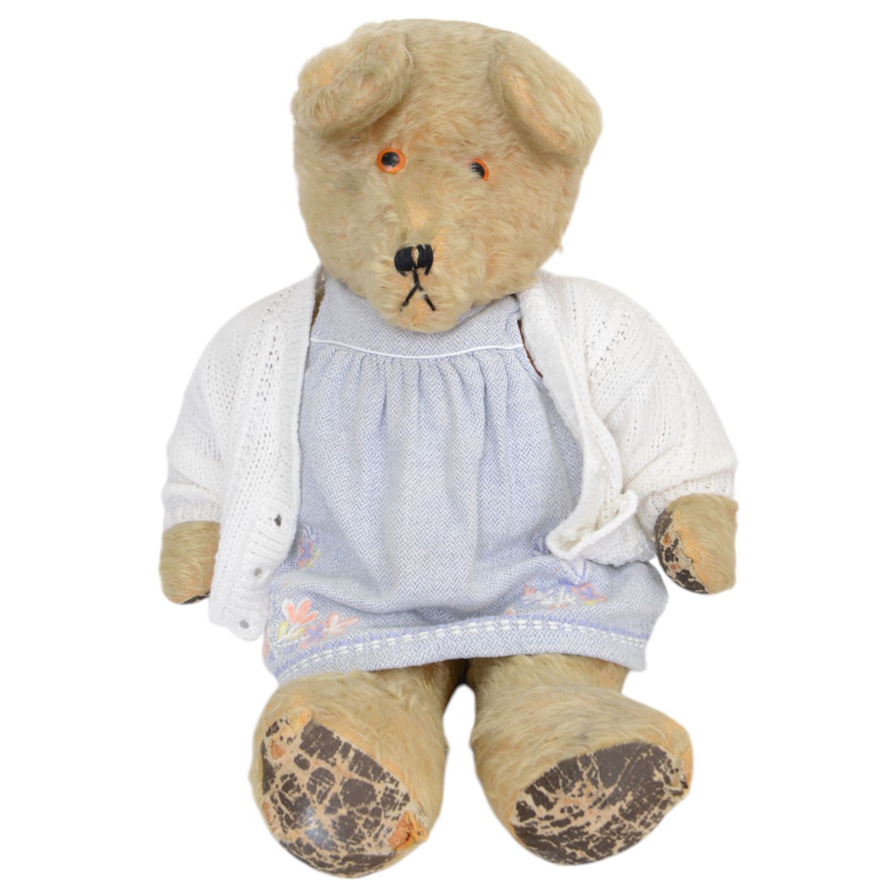 Eight early 20th century and later teddy bears, to include three straw filled examples with jointed limbs, tallest H58cm
