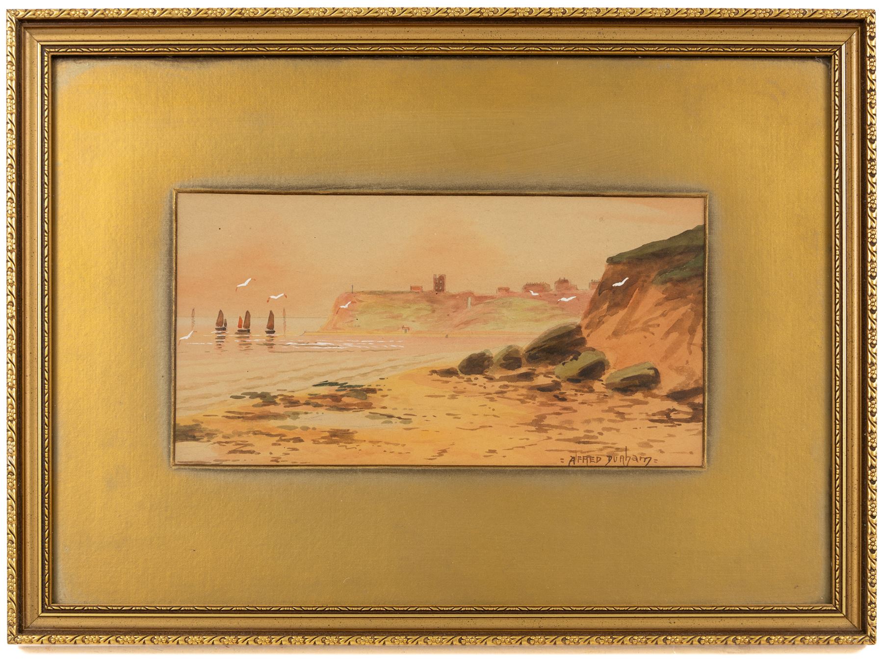 Austin Smith (British fl.1913-1928): Sailboats off Scarborough, pair of watercolours signed; together with Alfred Durham (British 19th century): Coastal Views of Scarborough, set of three watercolours heightened with white signed and one dated 1907 max 18cm x 32cm (5)