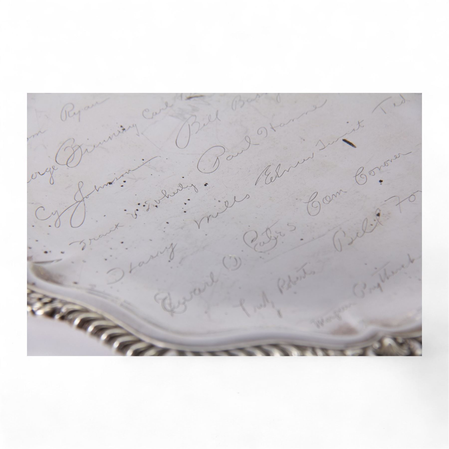 American silver Lord Robert pattern tray, of hexagonal form with oblique gadrooned rim, with presentation engraving to centre, stamped verso International Sterling WW24-1, W35cm