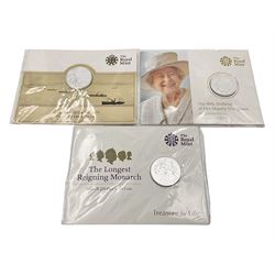 Three The Royal Mint United Kingdom fine silver twenty pound coins, comprising 2014 'Outbreak', 2015 'The Longest Reigning Monarch', 2016 'The 90th Birthday of Her Majesty the Queen', all on cards