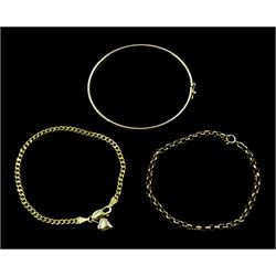 Gold flat curb link bracelet with gold heart charm, gold belcher link bracelet and a gold bangle, all 9ct stamped or hallmarked