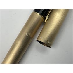 Three rolled gold Parker fountain pens, comprising an example with a gold nib marked 14K 585 and barrel with a shell stamp, a Parker 61 fountain pen with inset gold arrow to the nib, and another similar, all with striated decoration and arrow clips to the caps, L13cm, one with box