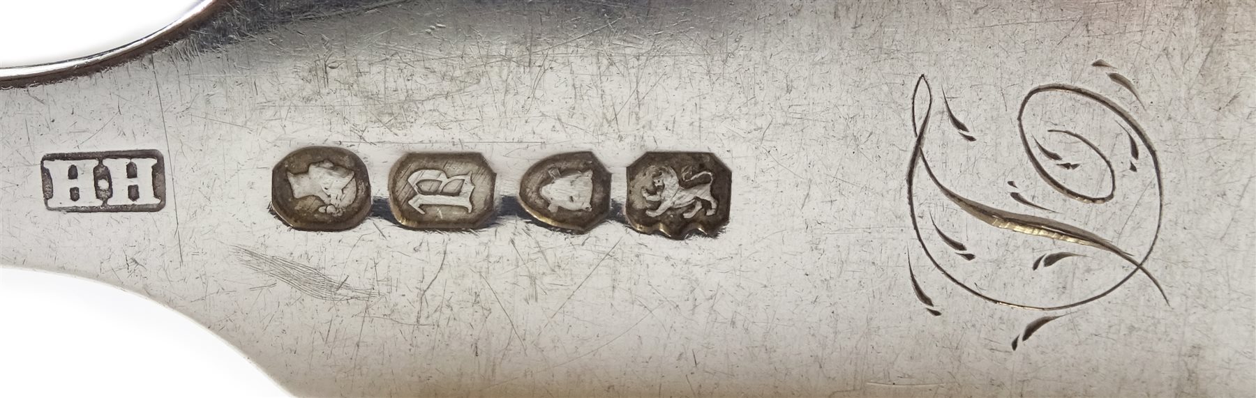 Set of twelve Victorian silver dessert forks, Fiddle pattern by Samuel Hayne & Dudley Cater, London 1841 and two similar dinner forks by Henry Holland, London 1856, approx 22oz