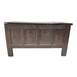 18th century and later oak coffer or chest, panelled back and sides, the front frieze carved with repeating scrolling foliate decoration, central two panels carved with stylised flower flanked by two panels bearing date '1683', raised on square supports