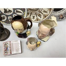 Three Shakespeare character jugs and Toby jug, bronzed figure of Shakespeare signed Tupton, Spode Sonnet paperweight in the form of an open book, Minton Shakespeare dish, and quantity of Wedgwood plates to include Charles Dickens characters etc
