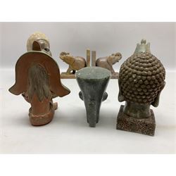 Pair of soapstone figural bookends carved with elephants, African soapstone bust, Buddha bust, Egyptian style etc, tallest H18cm