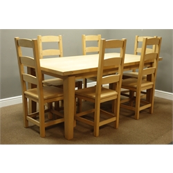  Solid beech rectangular dining table (184cm x 92cm, H77cm), and six ladder back chairs  