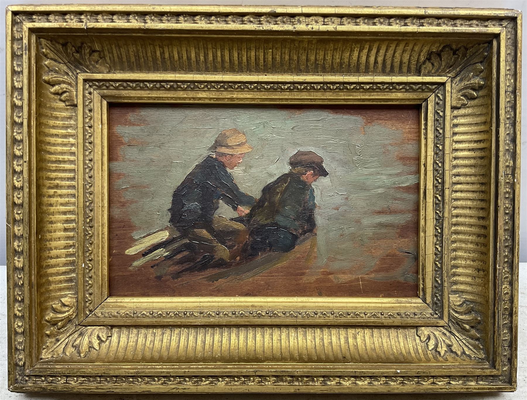 Attrib. Henry Scott Tuke RA RWS (British 1858-1929): Two Boys on the Prow of a Boat, oil sketch on panel unsigned, with further sketches verso 12cm x 19cm 
Notes: for comparable sketches on panels of a similar size, see works in The Tuke Collection, Royal Cornwall Polytechnic Society. Tuke often painted on both sides, leaving areas of panel exposed.