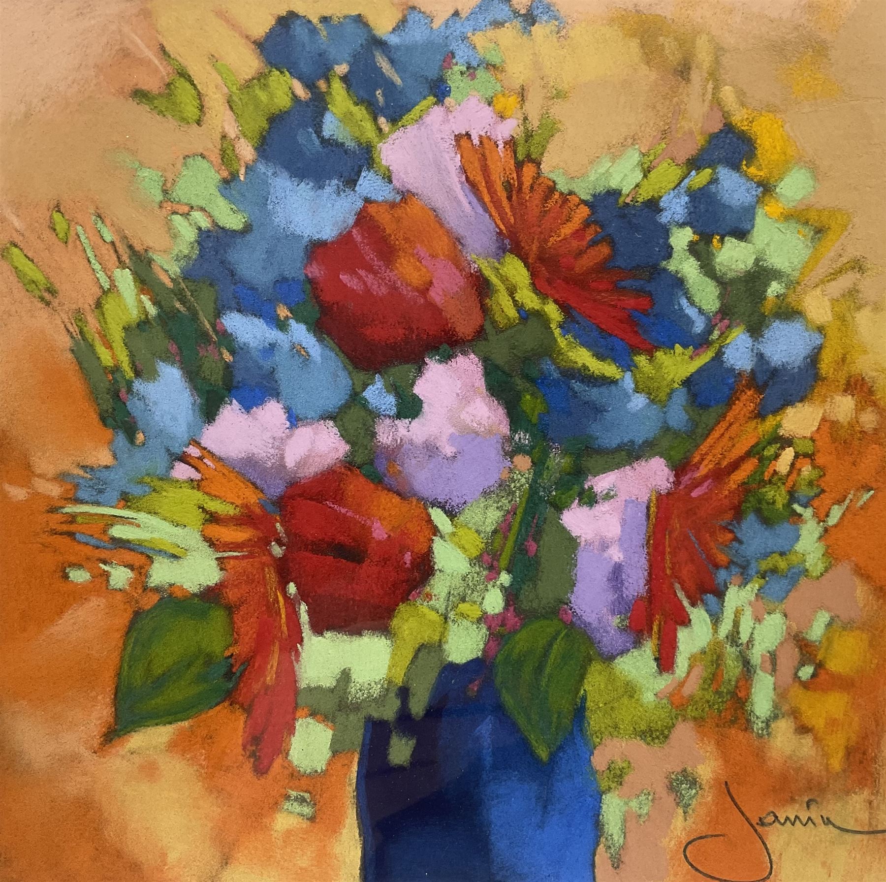 Philippe Janin (French 1959-): 'Bouquet au Vase Bleu' Still Life, pastel signed, titled verso 19.5cm x 19.5cm 