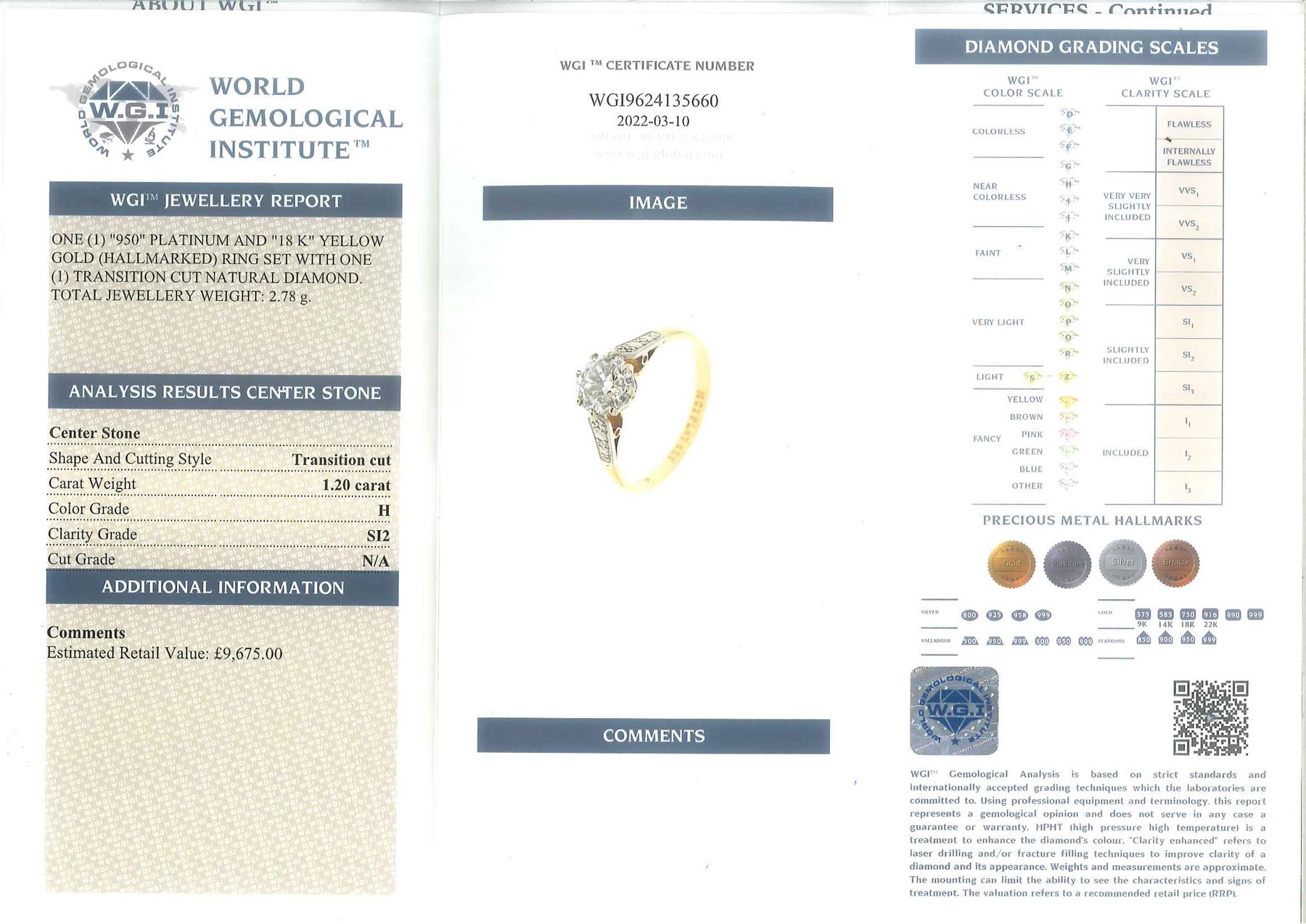 18ct gold single stone round transition cut diamond ring, stamped, diamond 1.20 carat, with World Gemological Institute report