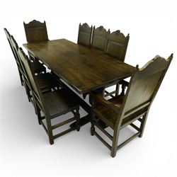 20th century oak refectory style dining table and eight chairs (6 + 2), rectangular top on...