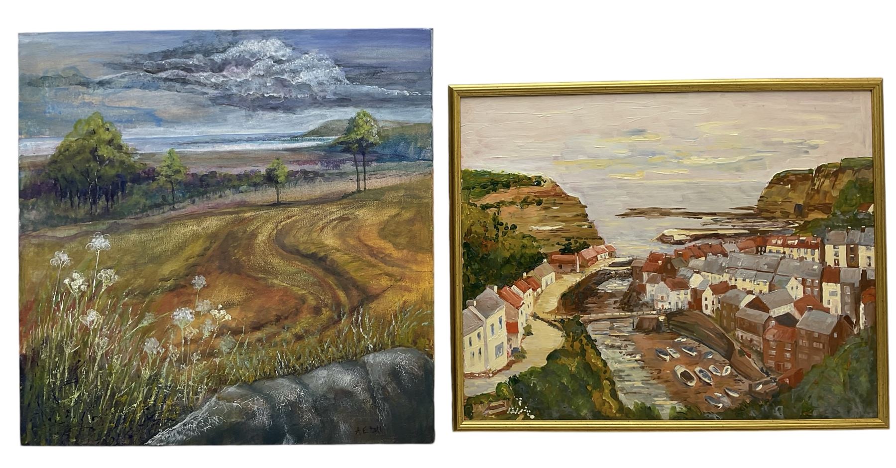 A E Hall (British Contemporary): 'Fylingthorpe - Yorkshire', acrylic on canvas signed, titled verso 50cm x 50cm; together with and a painting of Staithes (2) (one unframed)