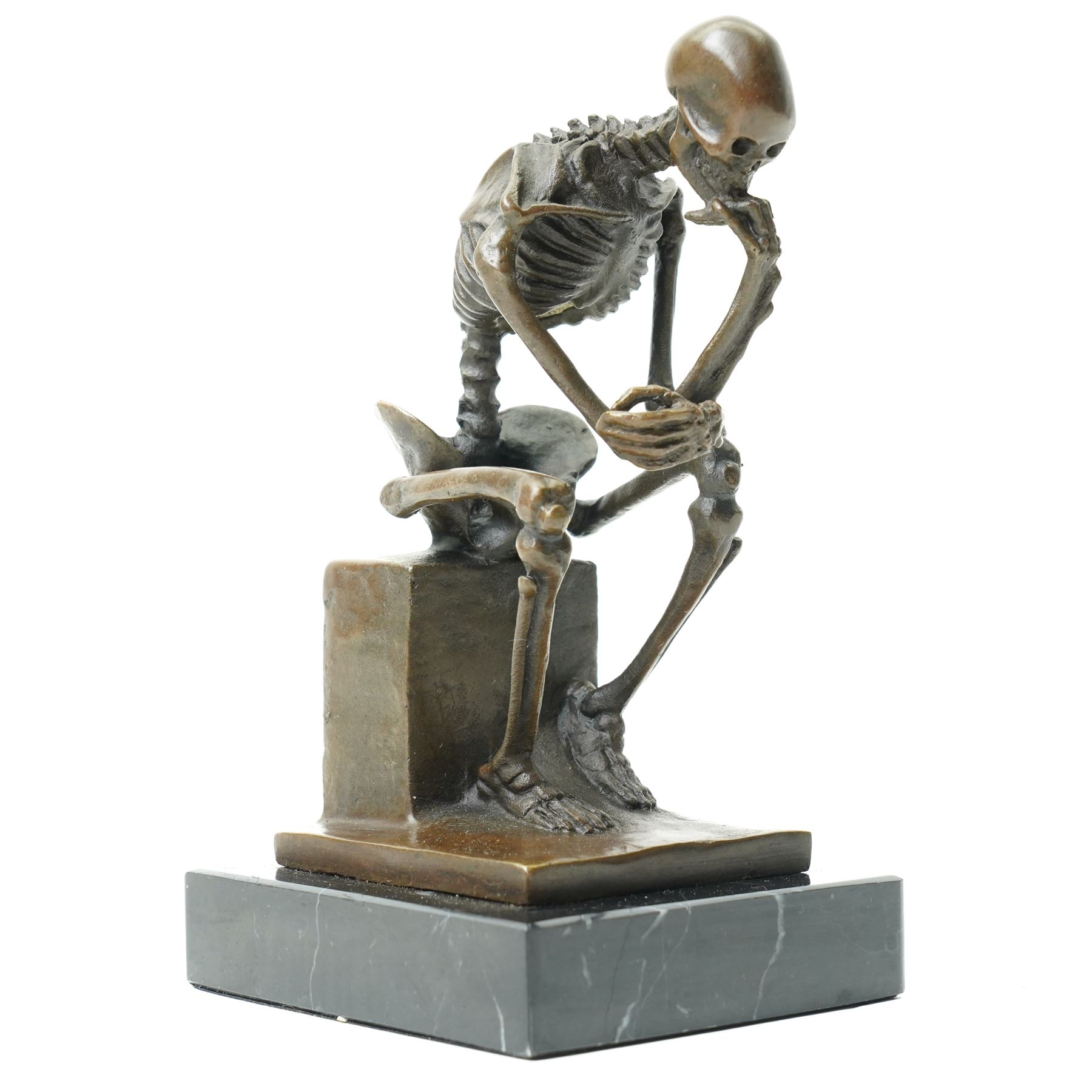 Bronze skeleton modelled as 'The Thinker', on black marble base, signed 'Milo' to plinth, H15cm