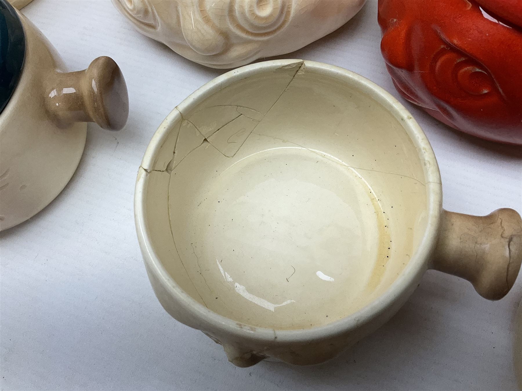 Collection of mostly Sylvac kitchen storage jar face pots, including piccalilli, chutney, tomato and bread sauce, tallest H15.5cm