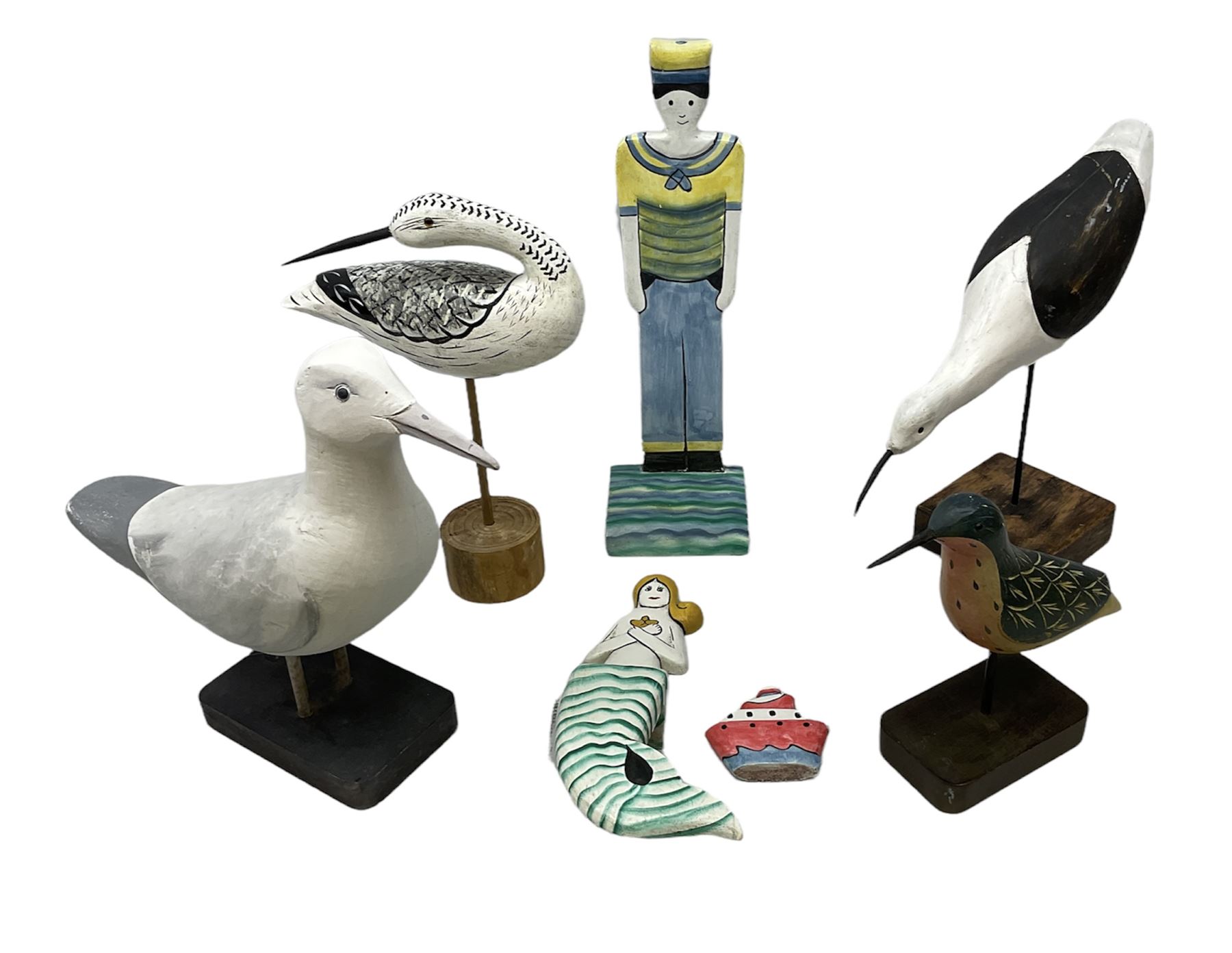 Nautical Items, to include a carved wooden seagull on a plinth, by Country Corner, three other carved wooden birds, wooden mermaid etc