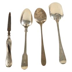 Three silver spoons and a silver handled file, all hallmarked
