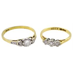 Gold diamond ring with diamond set shoulders and one other three stone diamond ring, both stamped 18ct 