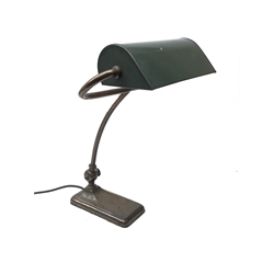  Art Deco bankers desk lamp, steel base and pivoted sweeping arm supporting a green metal shade, H44cm   