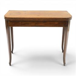 George III mahogany tea-table, the D-shaped rectangular fold-over top with satinwood strin...