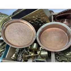 Quantity of copper pans and teapots, dish and sieve with pierced heart decoration and brass handle, together with quantity of brassware to include brass Art Nouveau crumb tray and brush, repousse chargers, fire tool accessories, decorative canon, sword and guns etc