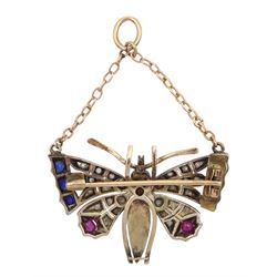 Edwardian silver and gold sapphire, diamond, ruby, pearl and paste stone set butterfly brooch