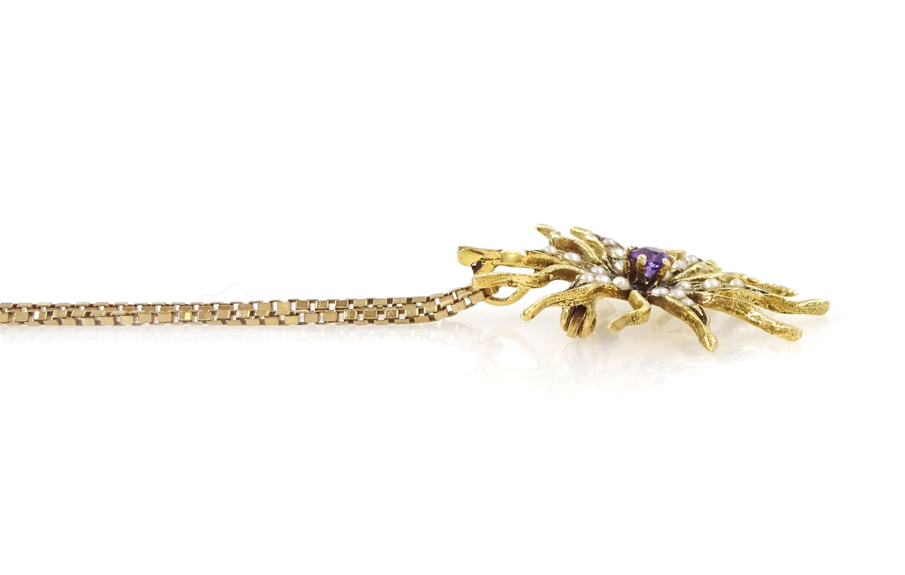 14ct gold amethyst and seed pearl star pendant / brooch, stamped, on a 9ct gold box link chain necklace, hallmarked