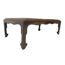 19th century rosewood opium table, rectangular top with moulded edge, the shaped apron decorated with applied brass scrolling foliate detail, raised on shaped supports with stylised leaf feet and cockbeaded edge