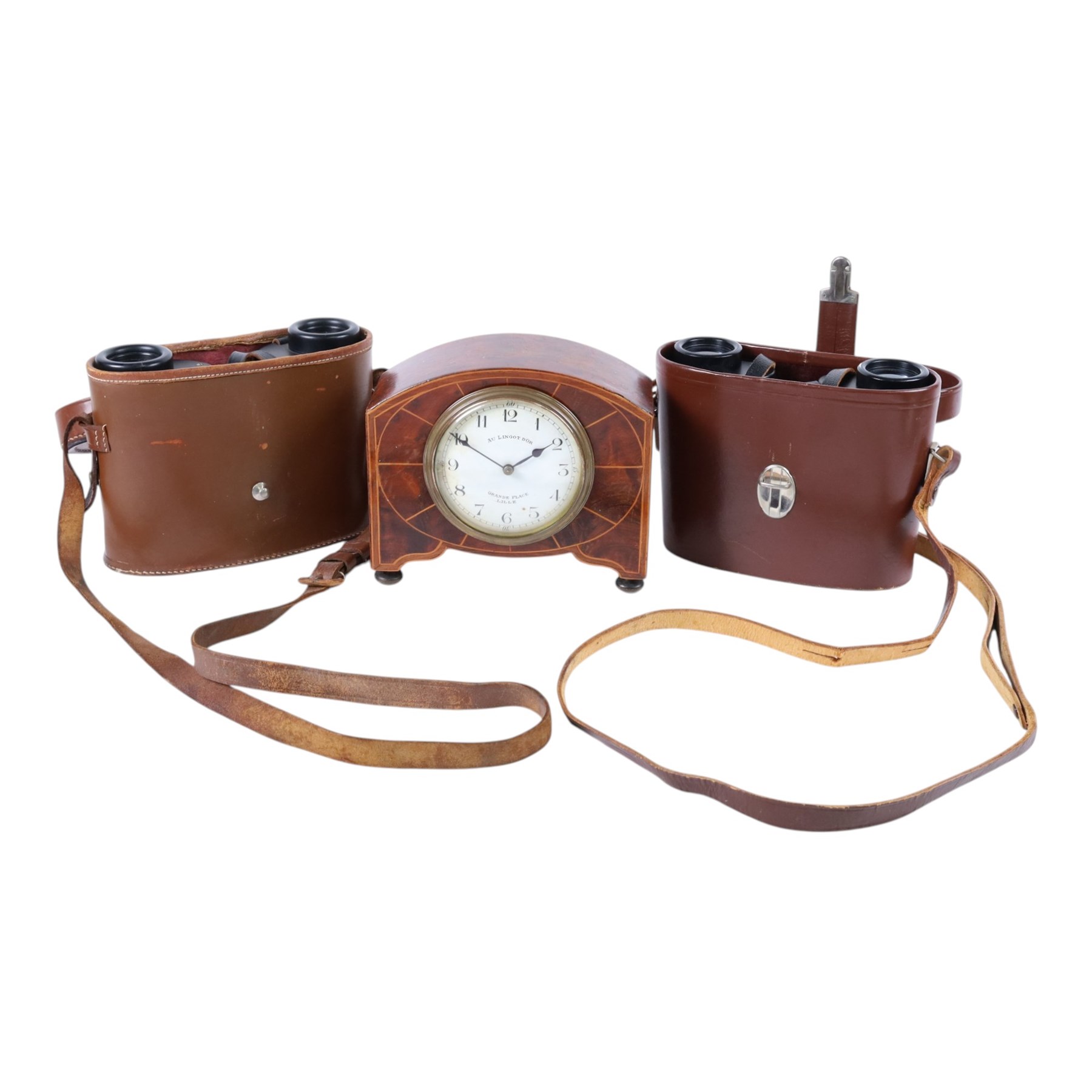 Wicker picnic hamper together with wicker waste basket, Barr & Stroud and Carl Zeiss 8x30 binoculars in leather cases; early 20th cent. inlaid mahogany mantel clock, 1950's 'York County Savings Bank' money box, green glass fishing floats etc. 
