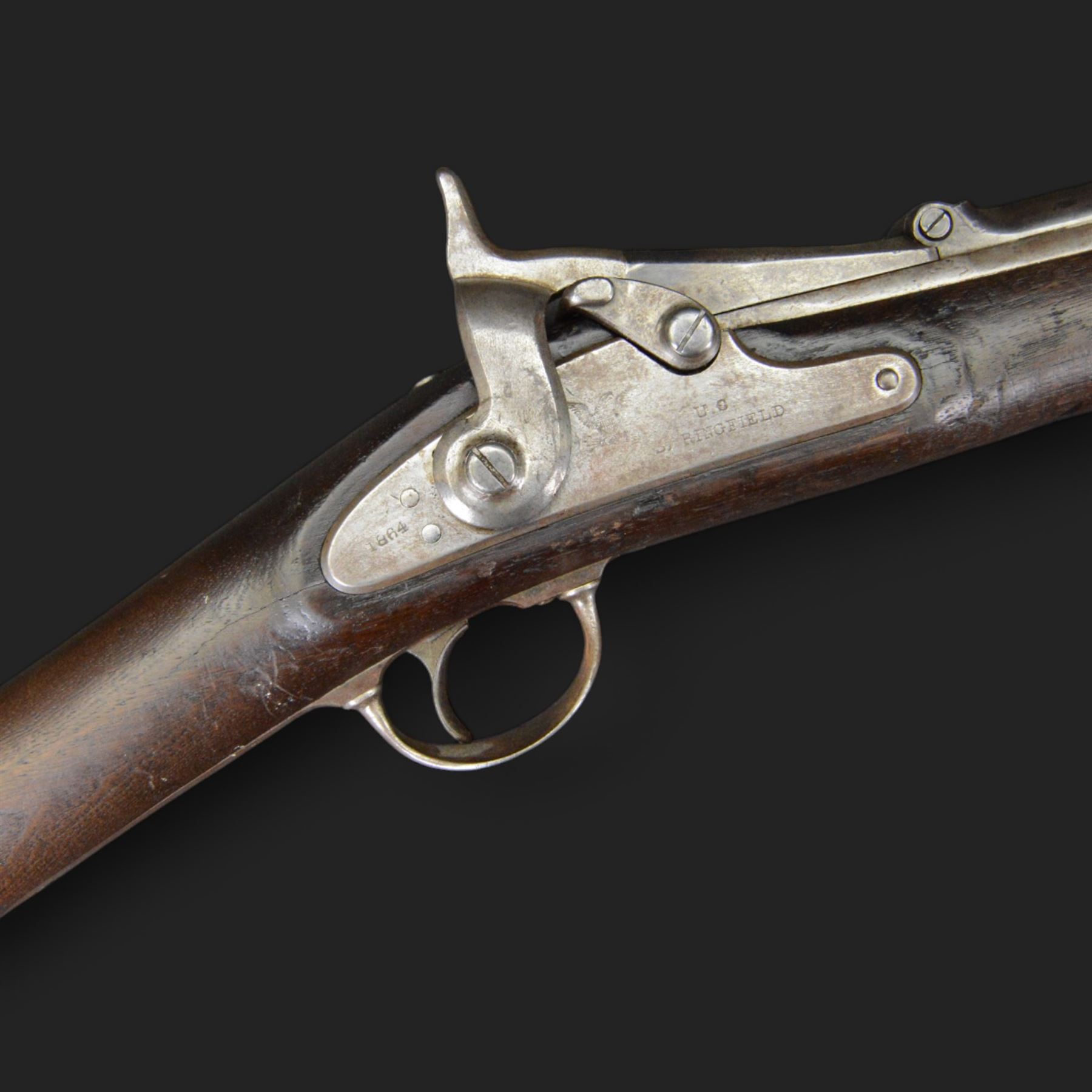 Springfield single shot service rifle, 1866 Allin conversion trapdoor model, 50-70 Cal, the lock marked 1864 with eagle and 