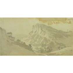  Nicholas Pocock (British 1741-1821):'The High Torr from the Hagwood, Matlock', monochrome wash signed, titled and dated June 6th 1794 verso 15cm x 28cm  Provenance: with Abbott & Holder Museum St. London, label verso  
