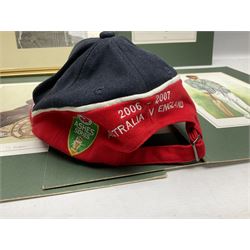 Cricket interest; signed original photograph of 1956 England V Australia Test match, cricket cap from England/Australia Test Match 2006 in Melbourne, eight coloured cricketing spy prints in mounts 