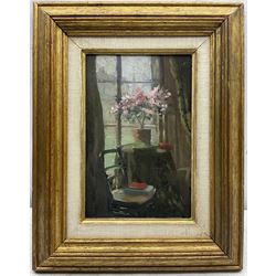 Scottish School (Late 20th century): View of Edinburgh Castle from a Princess Street Window, oil on panel unsigned, titled verso 23cm x 15cm