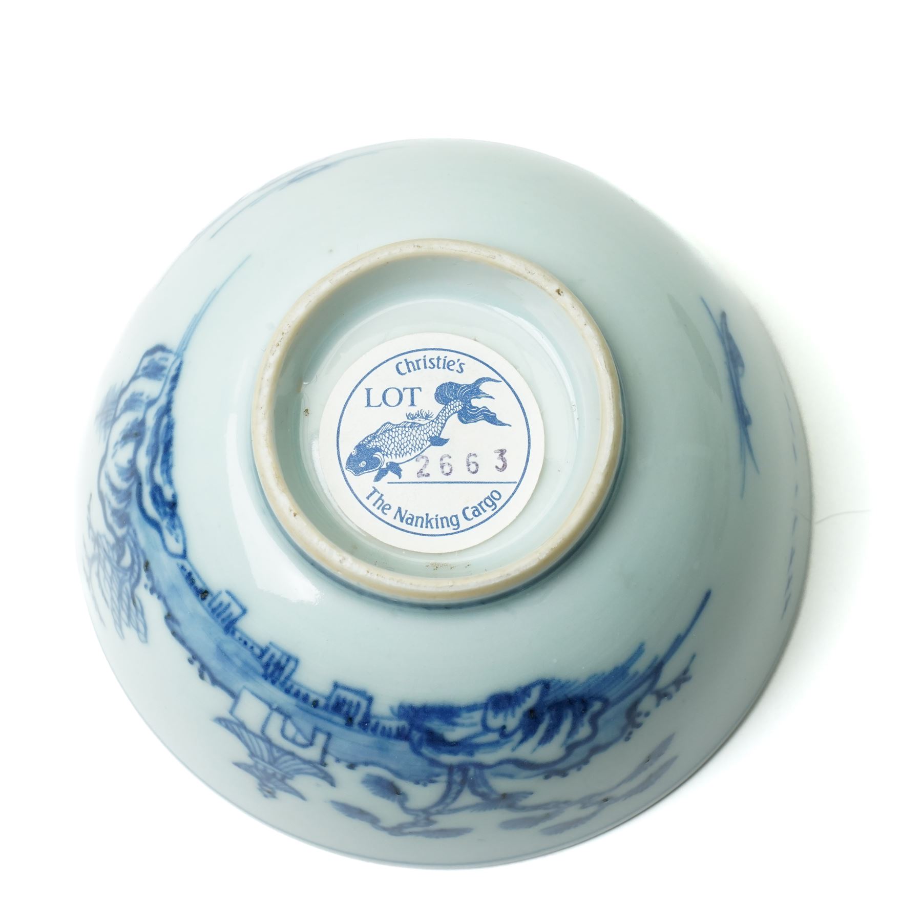 18th century Nanking cargo 'Flying geese' pattern bowl, with Christies lot sticker, D11.5cm; together with a tea bowl and saucer, probably from the Cau Mau shipwreck, in the 'Passing boats' pattern, and a dish from the Tek Sing shipwreck (4)