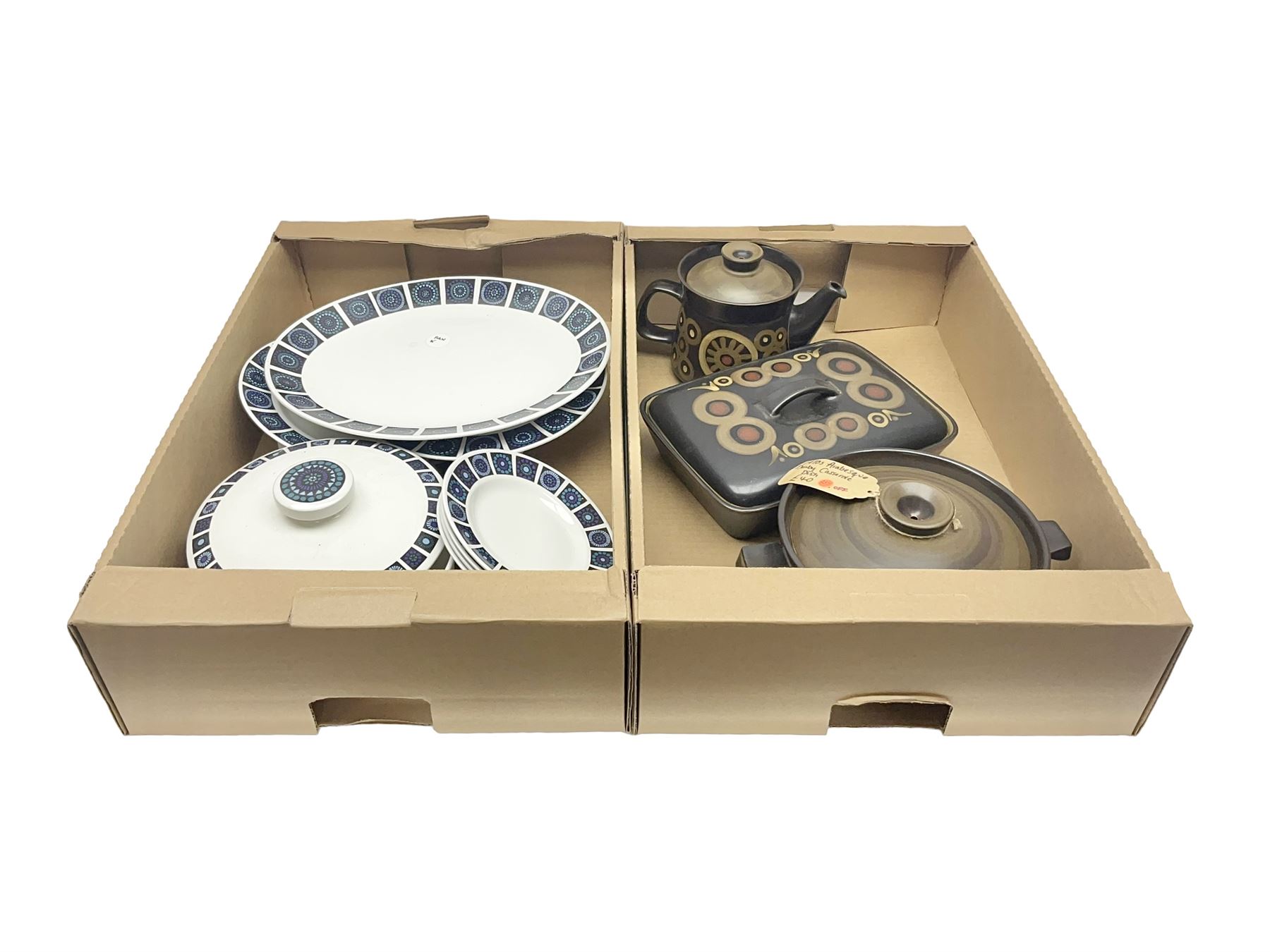 Collection of Midwinter dinnerwares, including casserole dish, meat platter, etc together with Denby Arabesque pattern teapot, casserole dish and oven dish