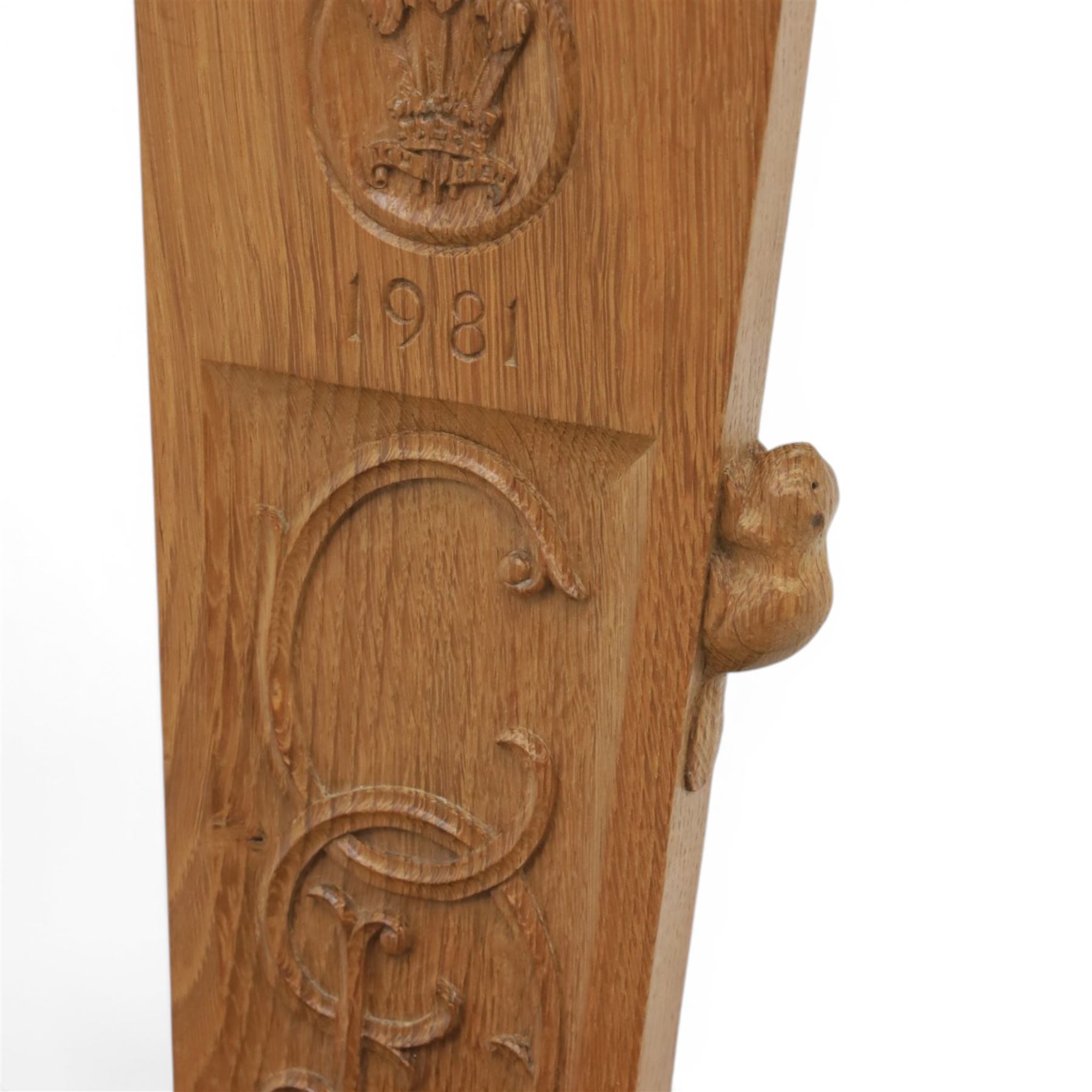 Beaverman - Oak hall chair with commemorative carved back panel  dated '29th July, 1981' for Prince Charles and Princess Diana royal wedding, with carved Yorkshire rose and the Prince of Wales feathers, on turned supports, with carved beaver signature, by Colin Almack of Sutton near Thirsk