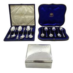 Set of six Edwardian silver teaspoons by William Gallimore & Sons, Sheffield 1907, six others by Josiah Williams & Co, both cased and a silver cigarette case with engraved top, all hallmarked