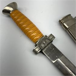 WW2 German Deutsches Rotes Kreuz (Red Cross) Leader's dagger with unmarked 24.5cm double edged steel blade, white metal hilt with cut-down oval langet and ribbed orange plastic grip, the hammered white metal scabard with slightly off-set square suspension rings and silvered/silver thread hanging straps L39cm