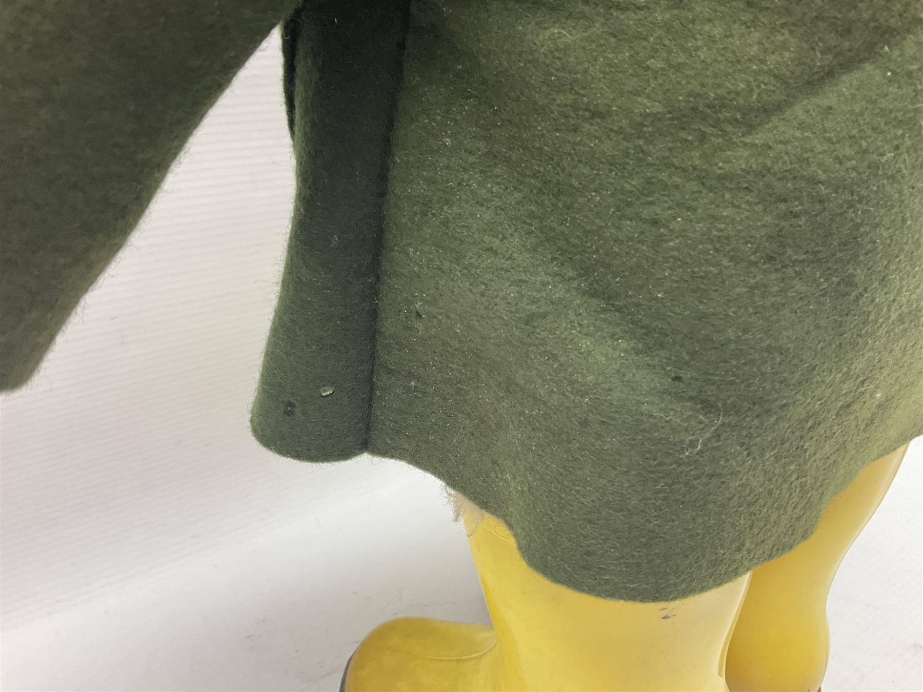 Vintage Paddington Bear teddy with yellow felt hat, green coat and yellow Dunlop boots, H48cm