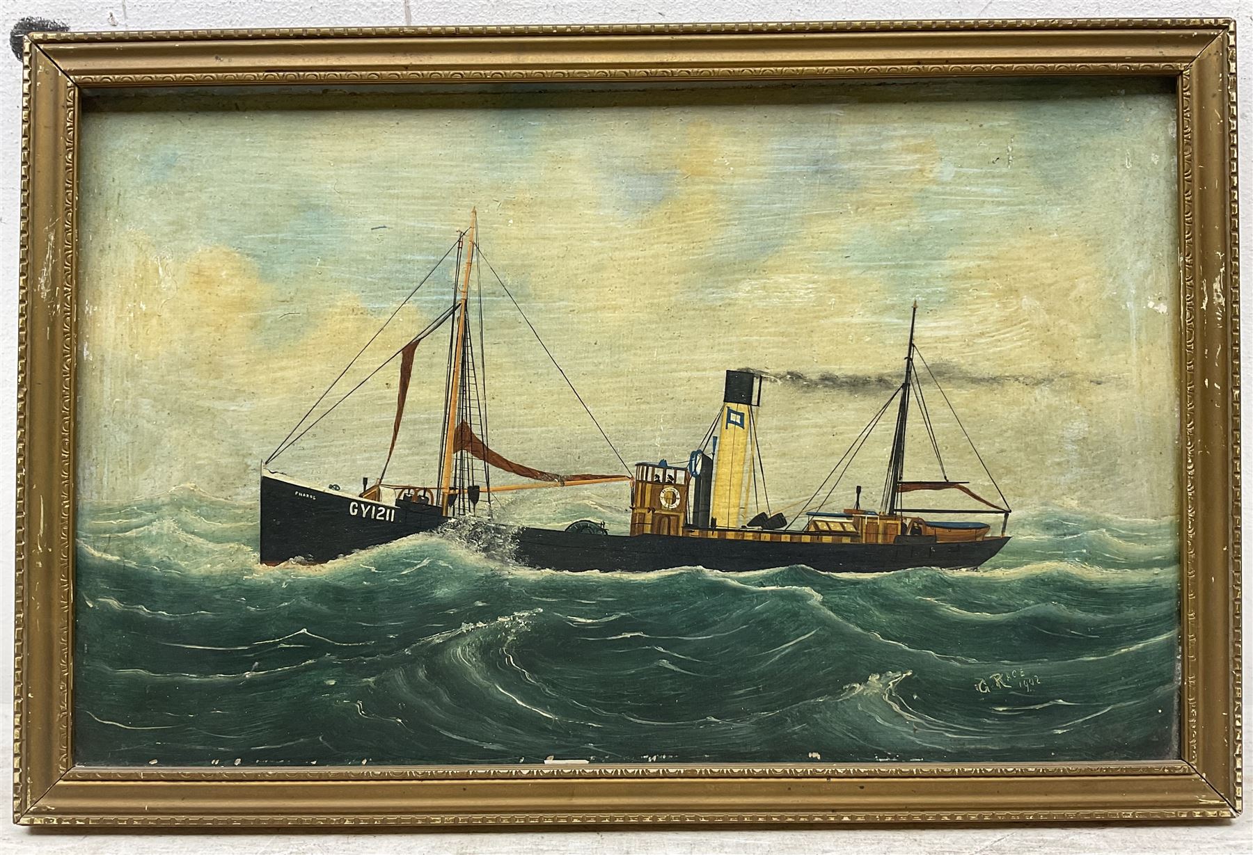 George Race (British 1877-1959): Grimsby Trawler 'Pharos' at Sea, oil on board signed and dated 1902, 27cm x 44cm