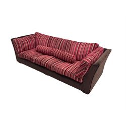 Collins & Hayes - grande three seat sofa upholstered in chocolate fabric, the loose cushions upholstered in textured fuschia stripes with contrasting spotted bolster cushions