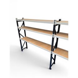 Two bays of Constructor warehouse racking with MDF boards