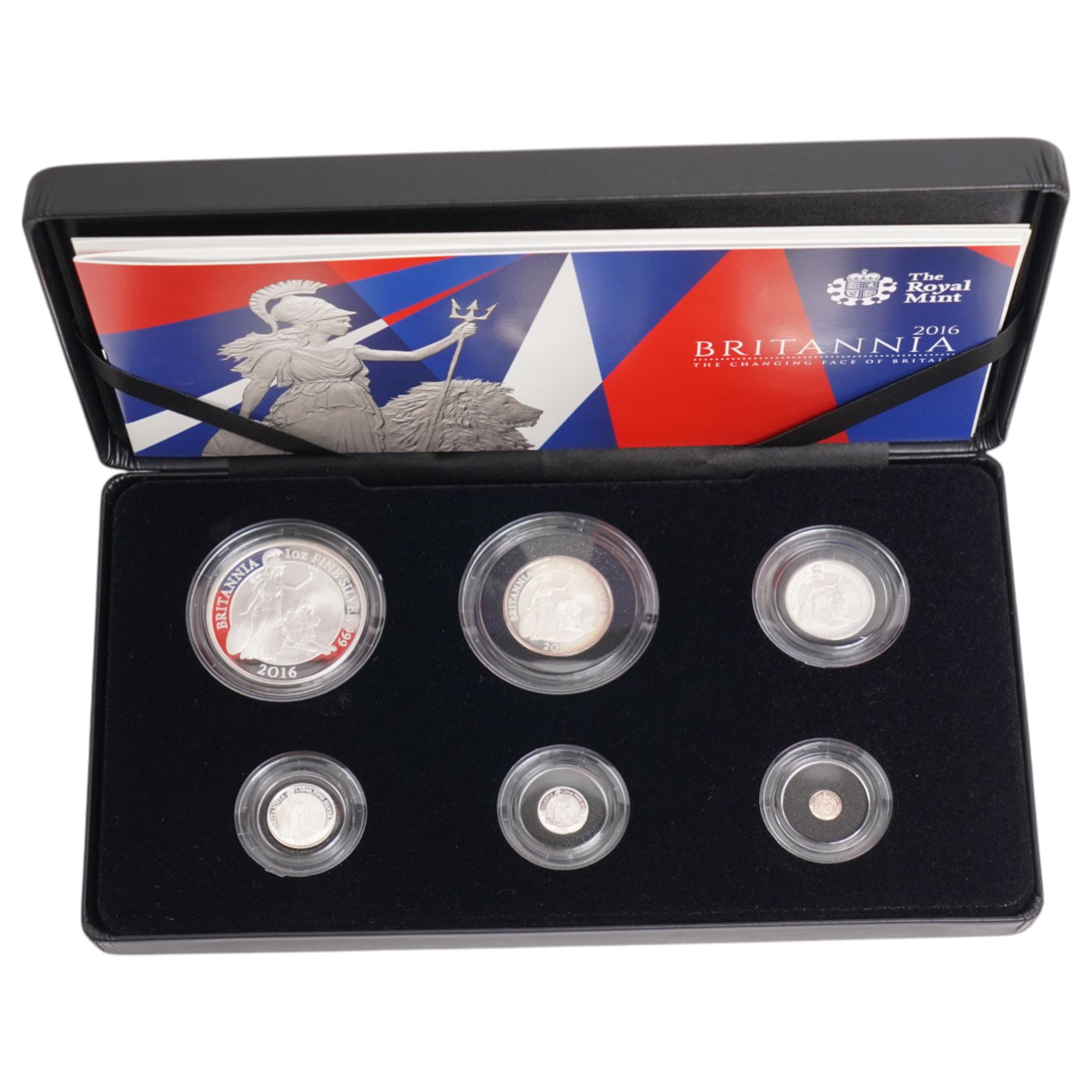 The Royal Mint United Kingdom 'Britannia' 2016 silver proof six coin set, cased with certificate