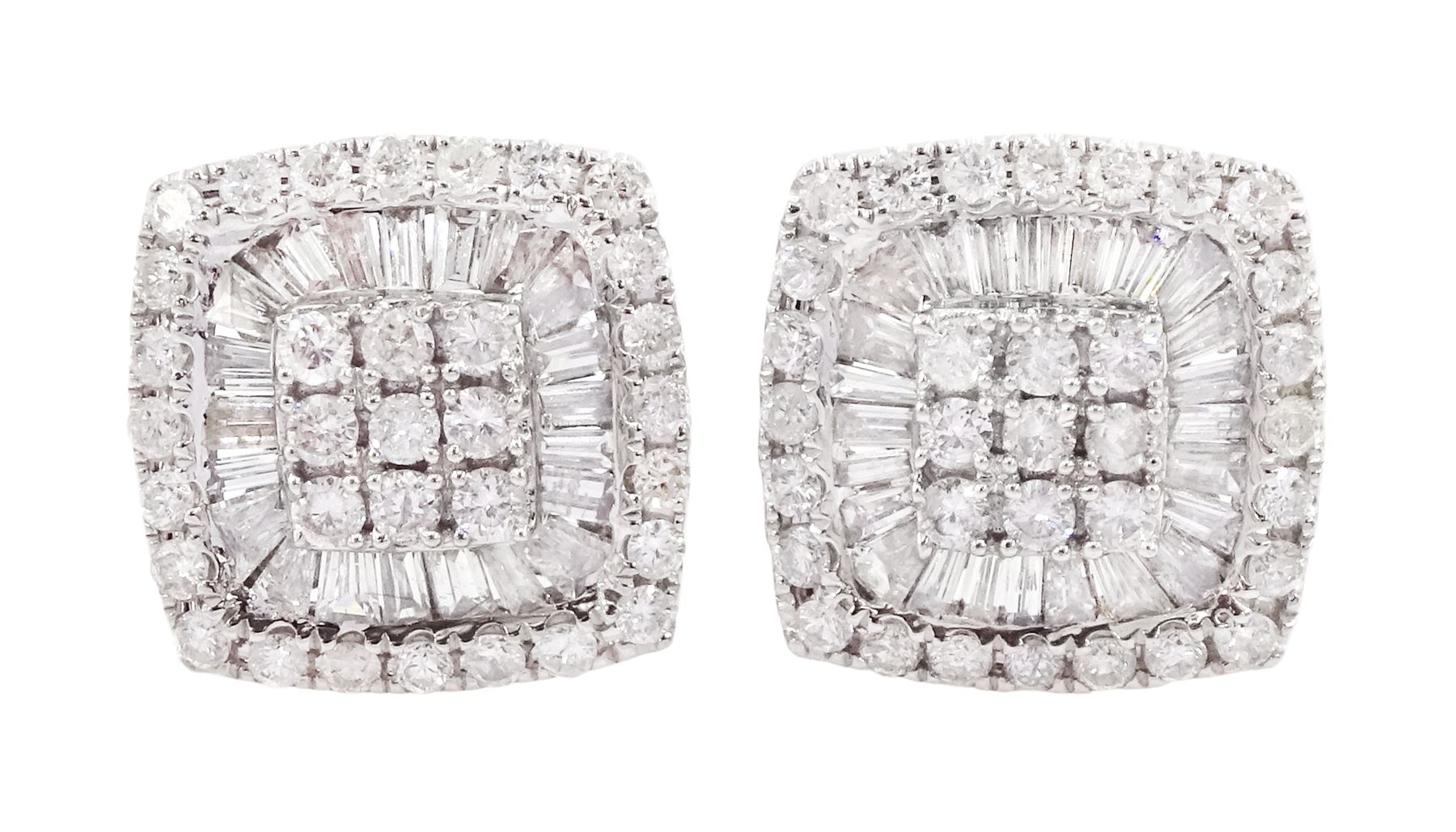 Pair of white gold round brilliant cut and tapered baguette cut diamond cluster, screw back stud earrings, hallmarked 14ct, total diamonds weight approx 1.35 carat