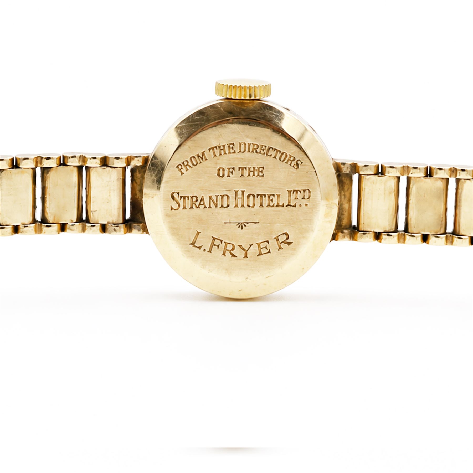 Ernest Borel ladies 9ct gold manual wind presentation wristwatch, silvered dial with baton hour markers, retailed by Mappin, on integral 9ct gold bracelet, London 1962