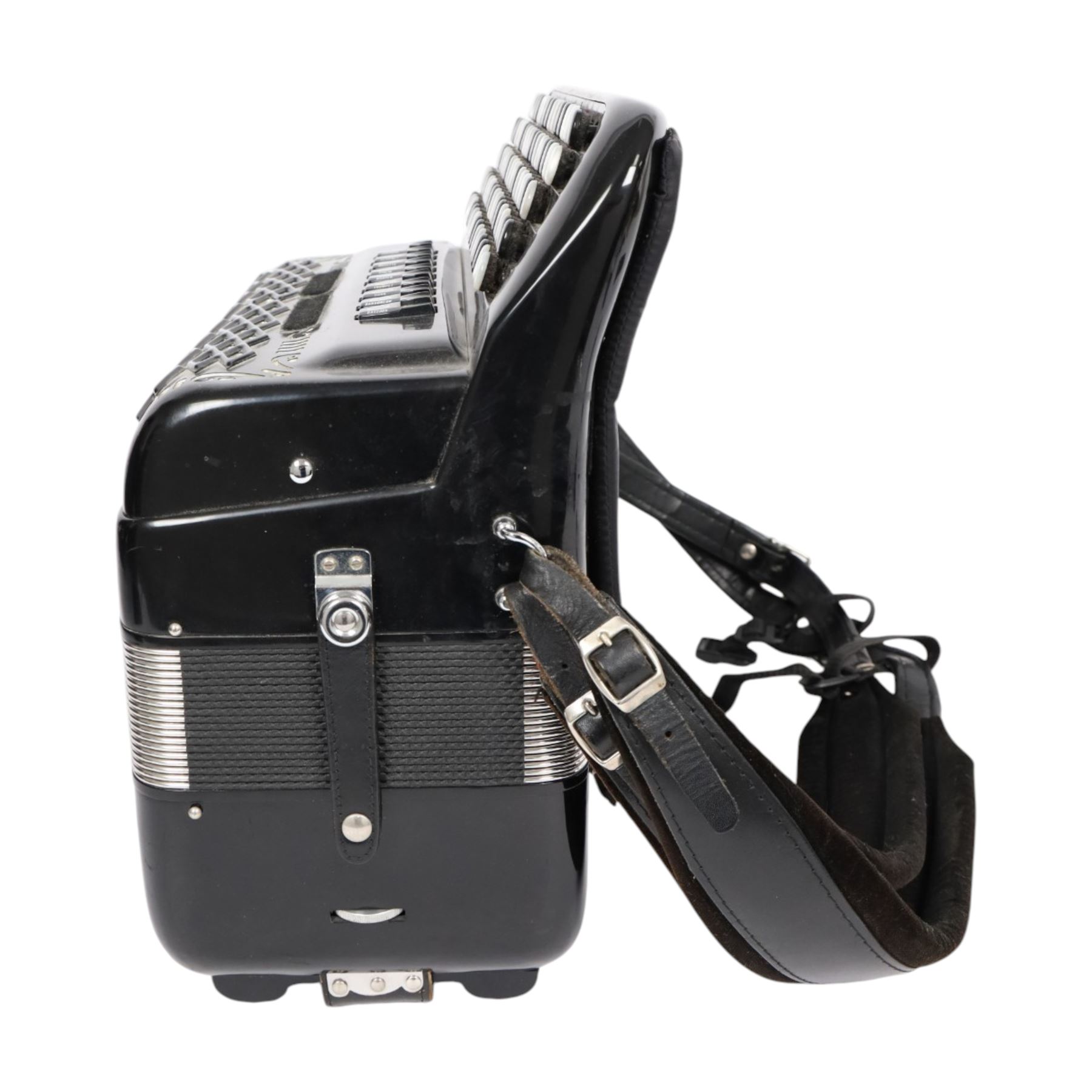 Borsini Professional 5-Row Chromatic button accordion, with 92 white pearlescent chromatic buttons and 136 bass buttons, possibly a custom model, in black high gloss case, with carry strap and original hard carrycase