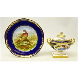  Royal Worcester two handled urn shaped vase and cover having two oval panels decorated with feathers signed D. Peplow, from the Heritage Collection, 2008, L17cm and a Spode 'Game Bird' cabinet plate hand painted in the Pheasant pattern by W. E. Hall (2)  